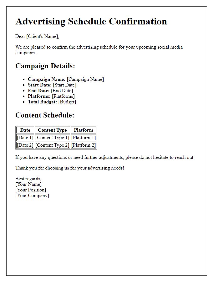 Letter template of Advertising Schedule Confirmation for Social Media Campaign