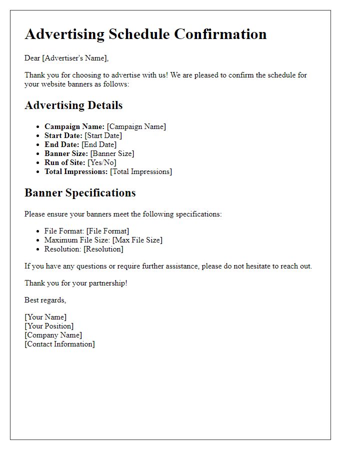 Letter template of Advertising Schedule Confirmation for Website Banners