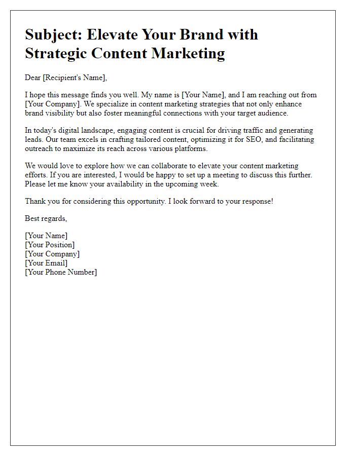 Letter template of content marketing and digital outreach