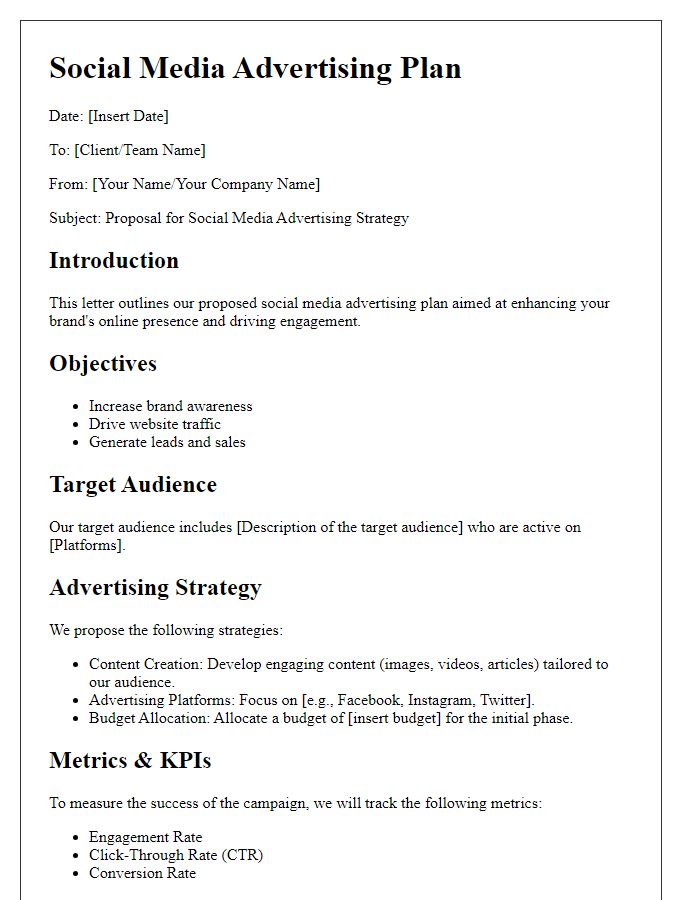 Letter template of social media advertising plan