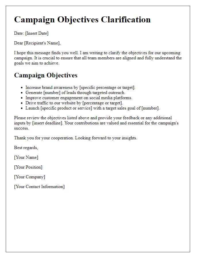 Letter template of campaign objectives clarification