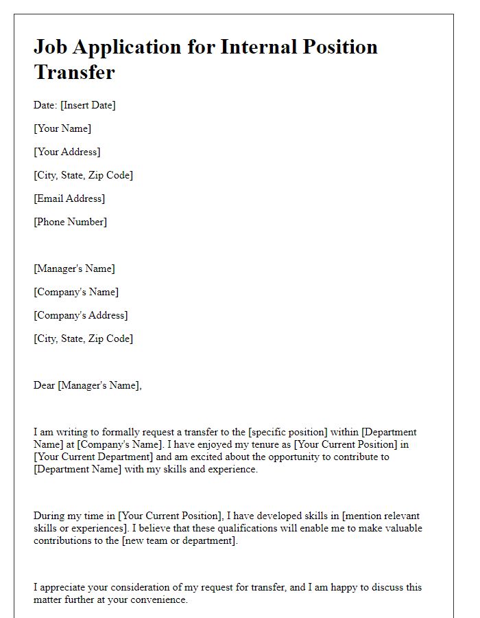 Letter template of job application for internal position transfer request