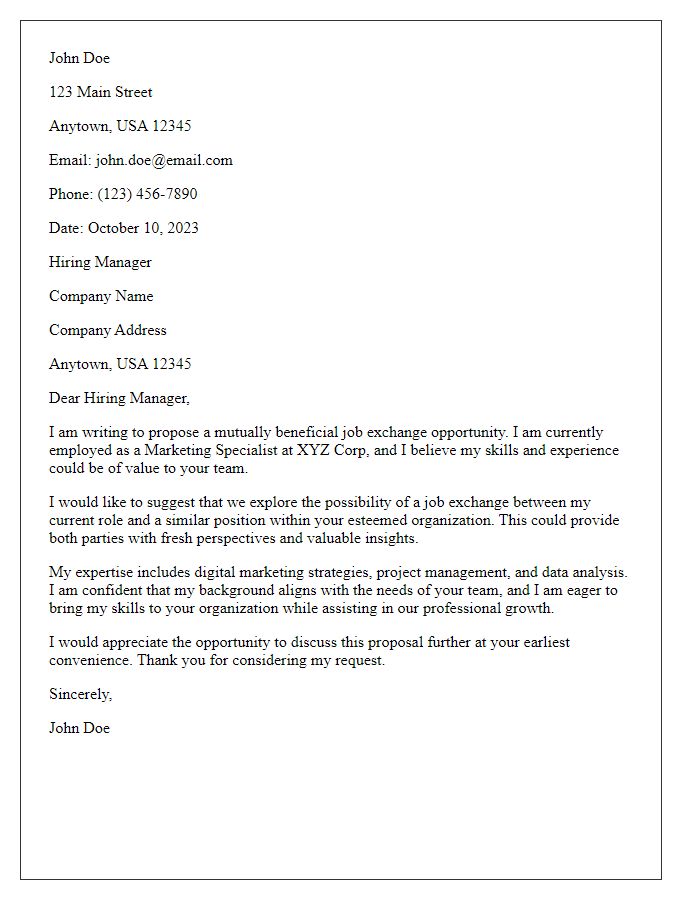 Letter template of job application proposing mutual job exchange