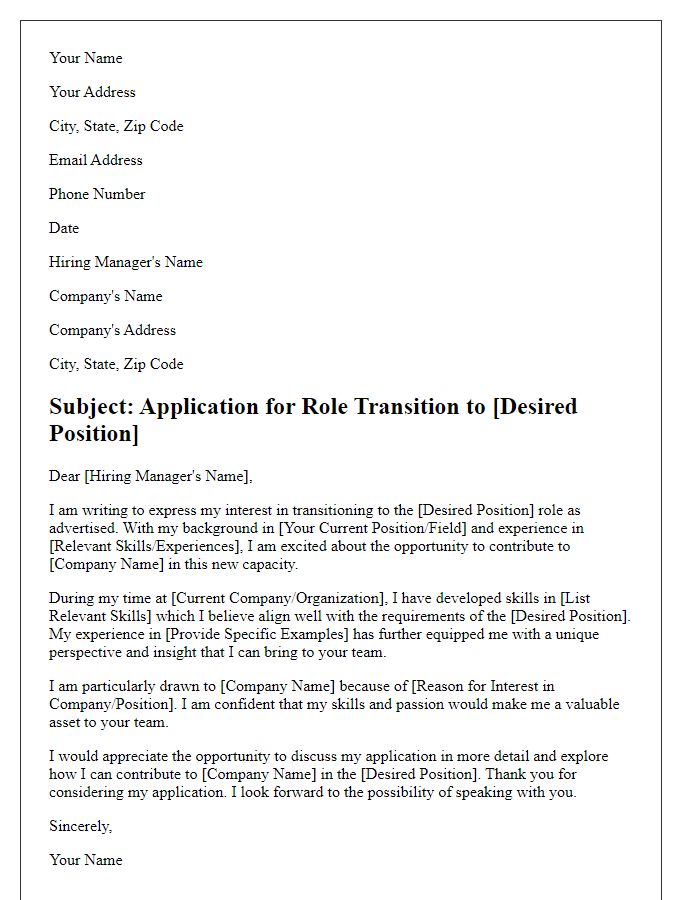 Letter template of job application for role transition query