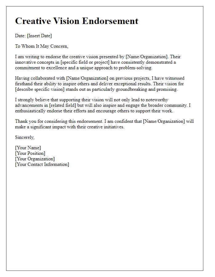 Letter template of creative vision endorsement