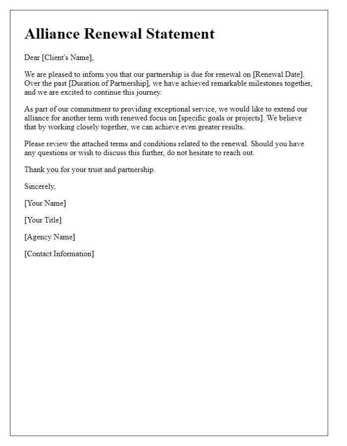 Letter template of agency-client alliance renewal statement