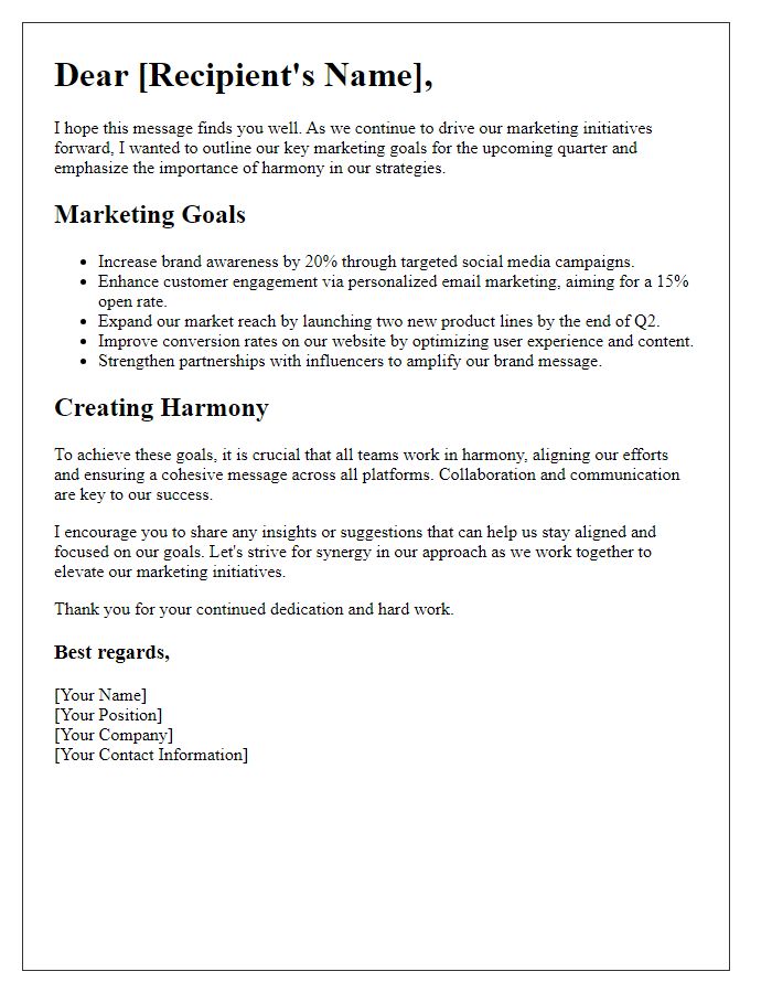 Letter template of marketing goals harmony