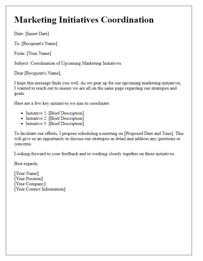 Letter template of marketing initiatives coordination