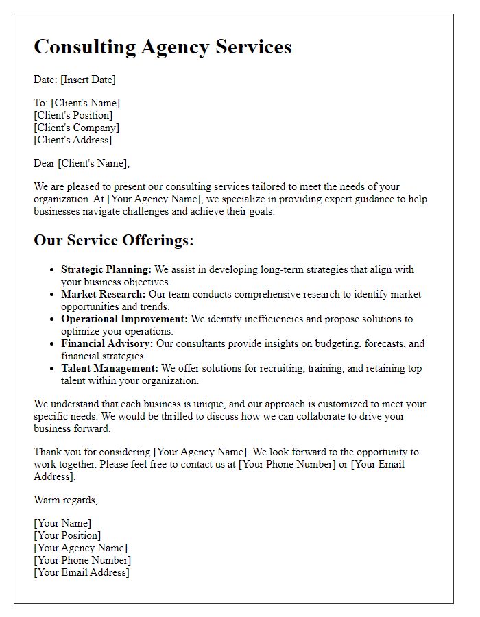 Letter template of consulting agency service offerings