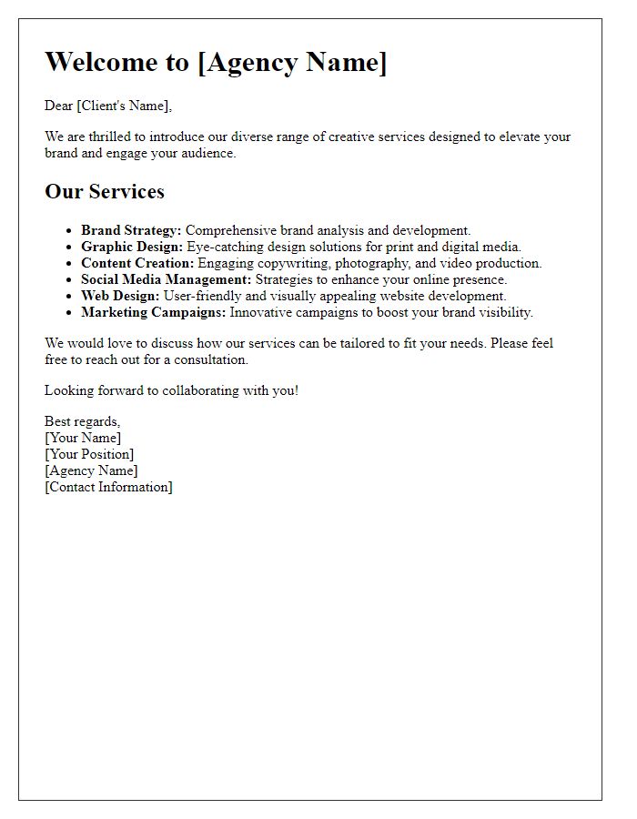 Letter template of creative agency service offerings