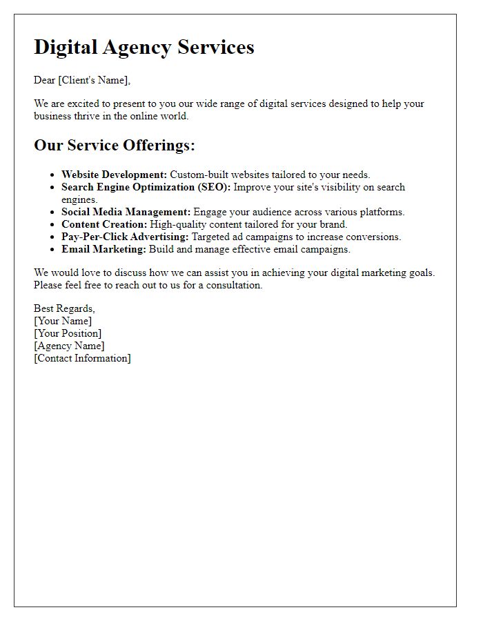 Letter template of digital agency service offerings