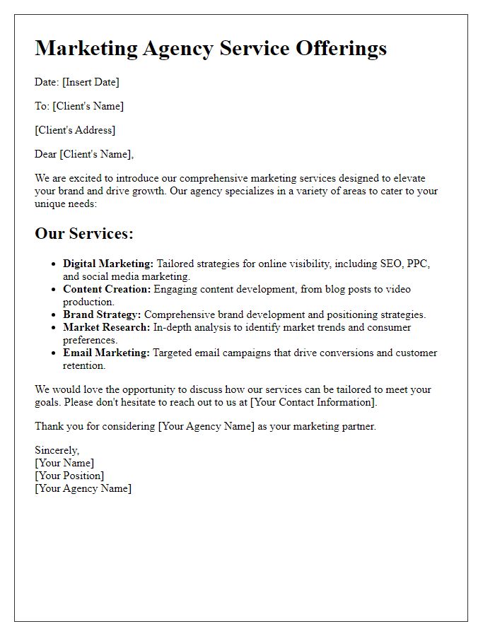 Letter template of marketing agency service offerings