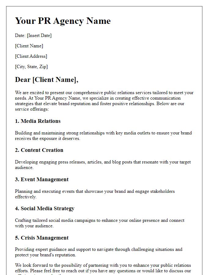 Letter template of PR agency service offerings