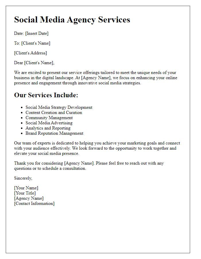 Letter template of social media agency service offerings