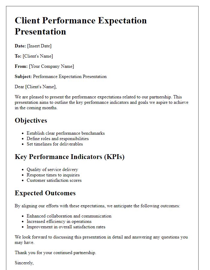 Letter template of client performance expectation presentation