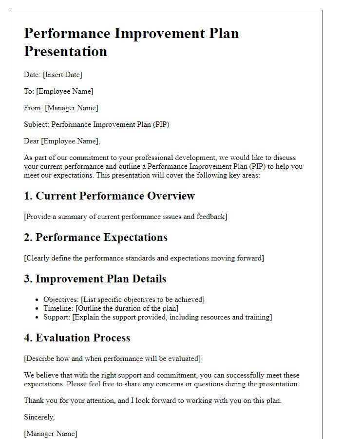 Letter template of performance improvement plan presentation