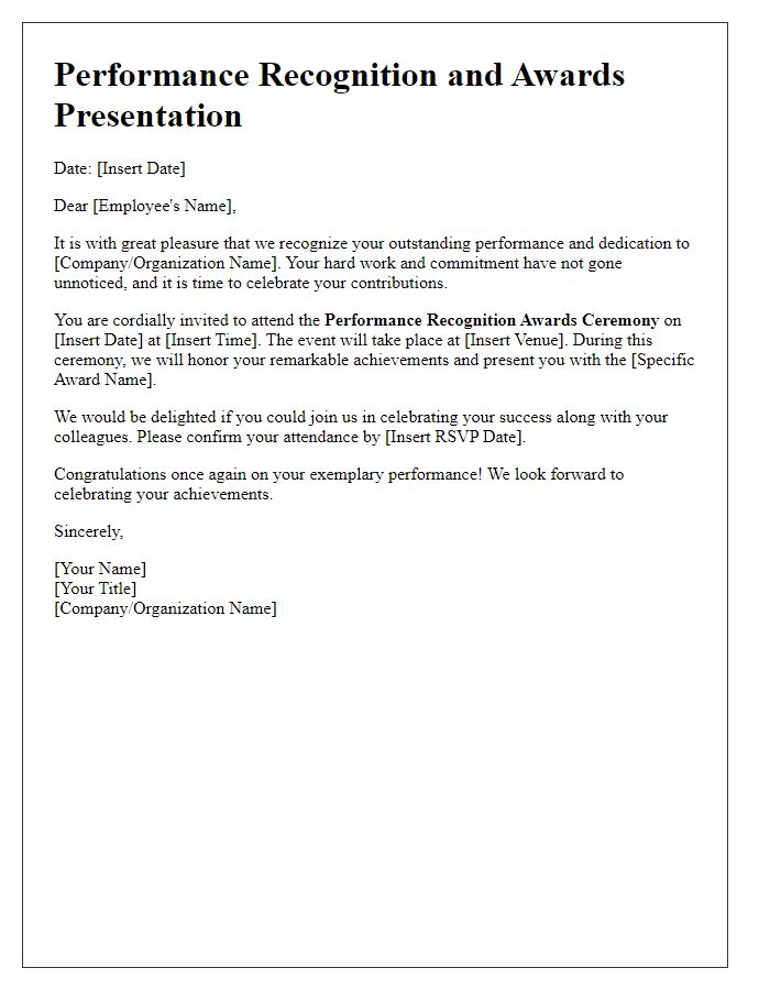 Letter template of performance recognition and awards presentation