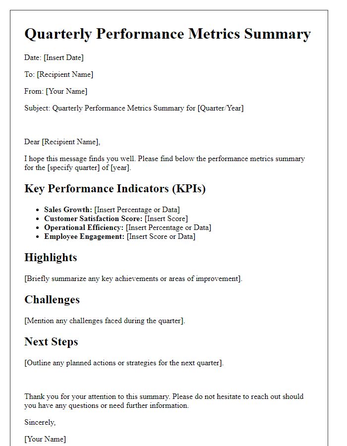 Letter template of quarterly performance metrics summary