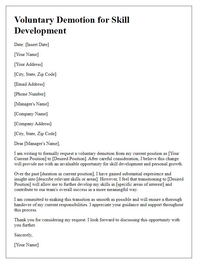 Letter template of voluntary demotion for skill development opportunity.