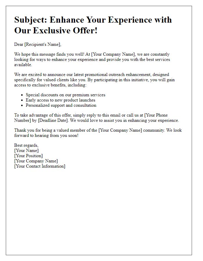 Letter template of promotional outreach enhancement