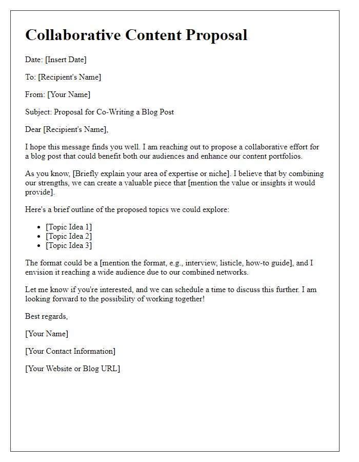 Letter template of collaborative content proposal for blog co-writing