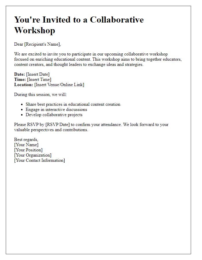 Letter template of collaborative workshop invitation for educational content