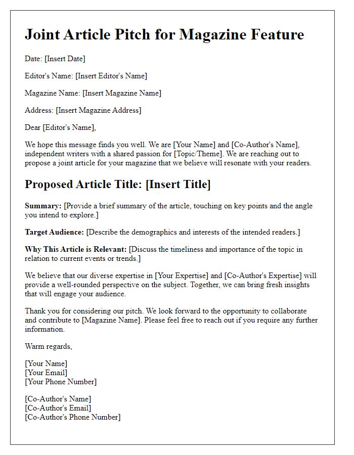 Letter template of joint article pitch for magazine feature