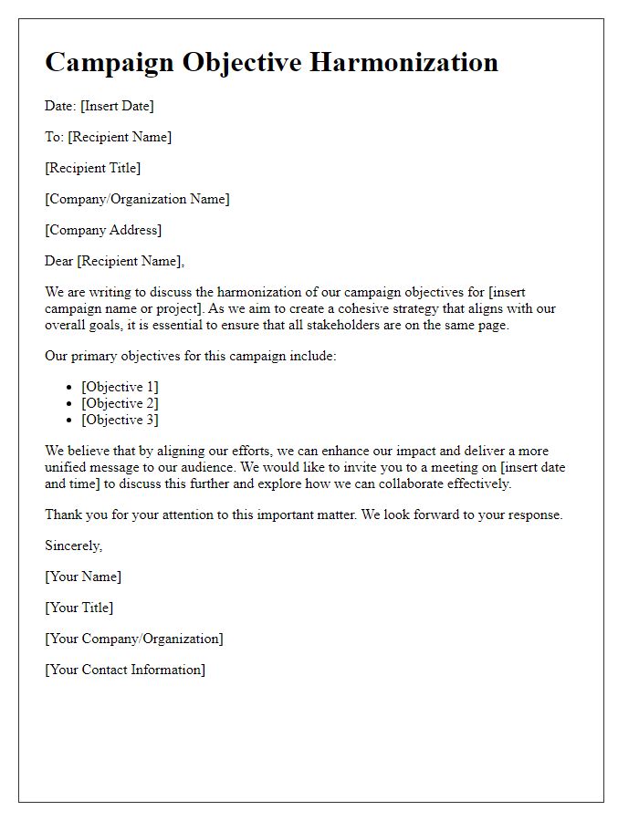 Letter template of campaign objective harmonization