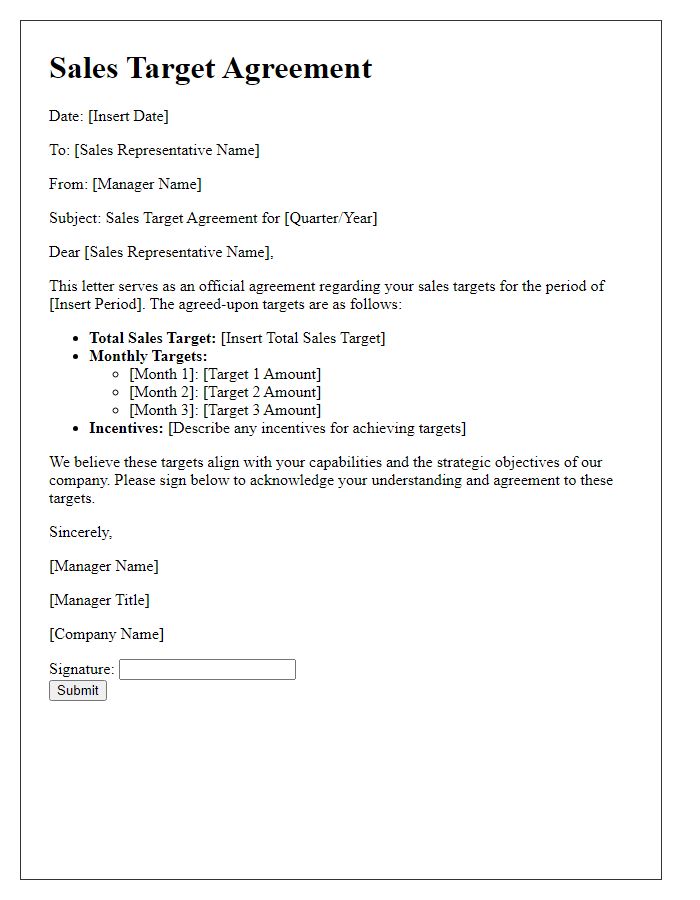 Letter template of sales target agreement