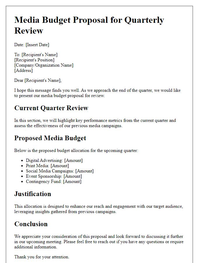 Letter template of media budget proposal for quarterly review