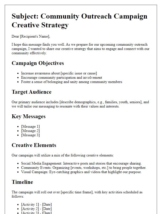 Letter template of campaign creative strategy for community outreach.