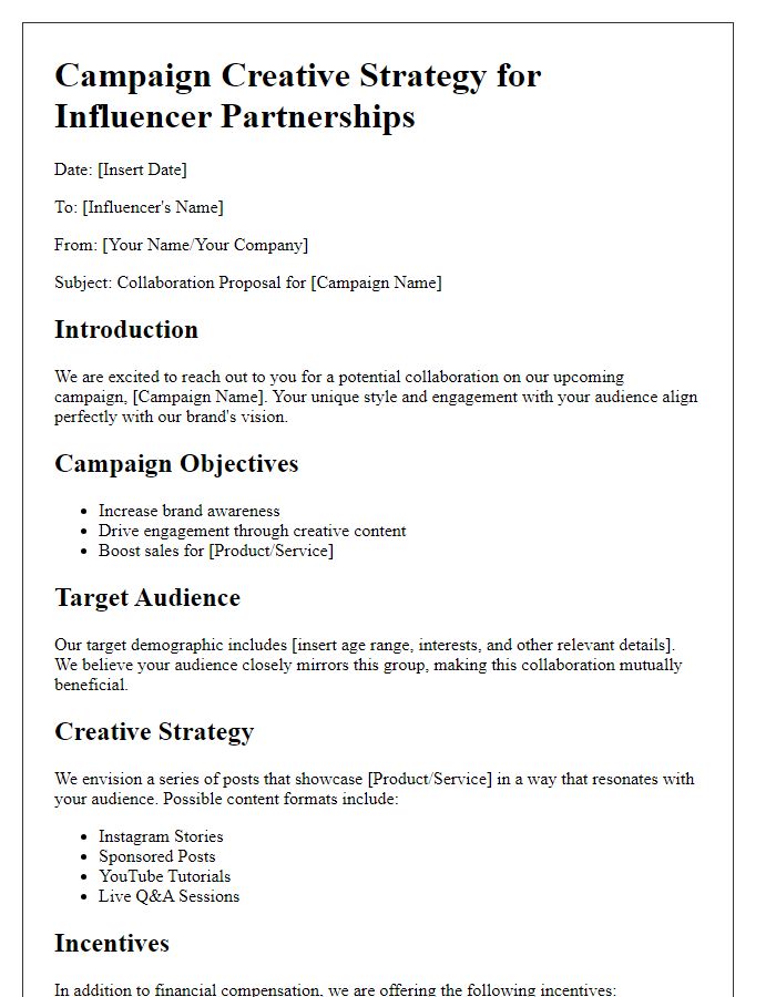 Letter template of campaign creative strategy for influencer partnerships.