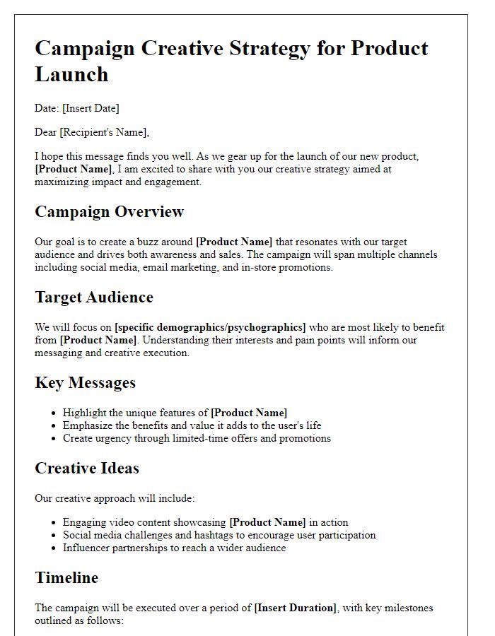 Letter template of campaign creative strategy for product launch.