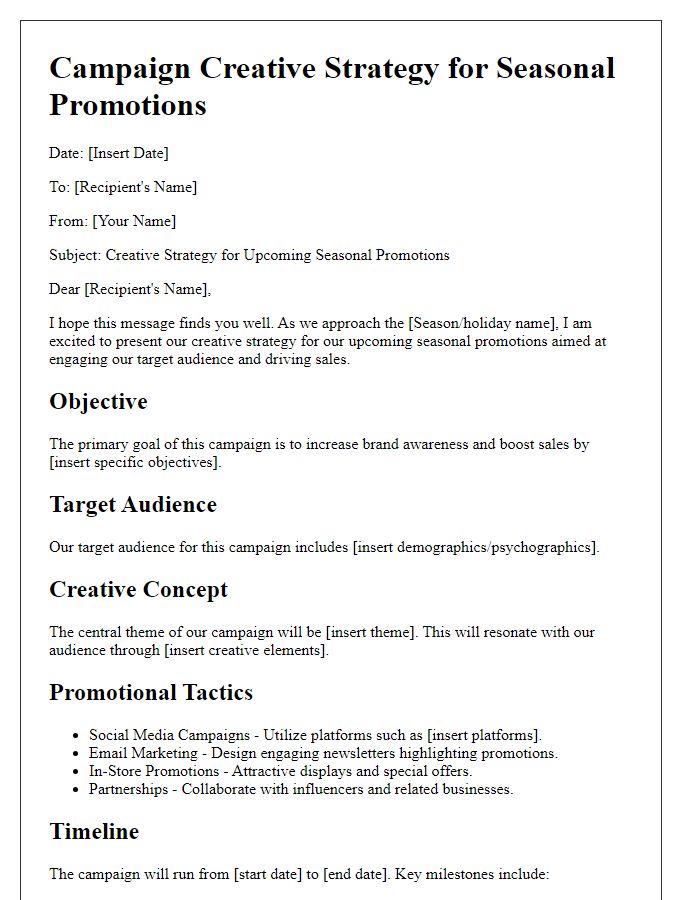 Letter template of campaign creative strategy for seasonal promotions.