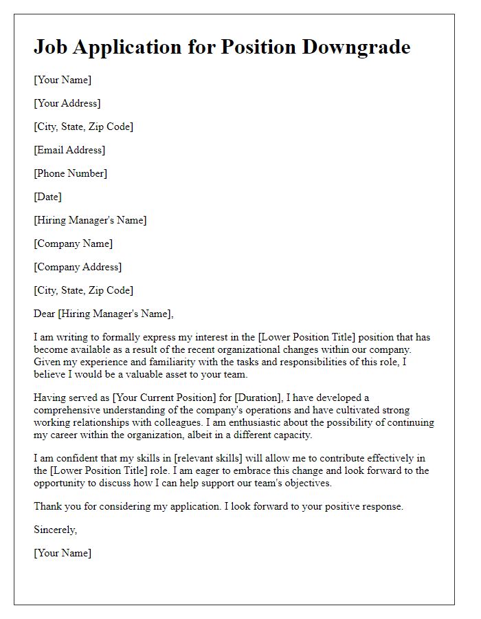 Letter template of job application for position downgrade after organizational changes.