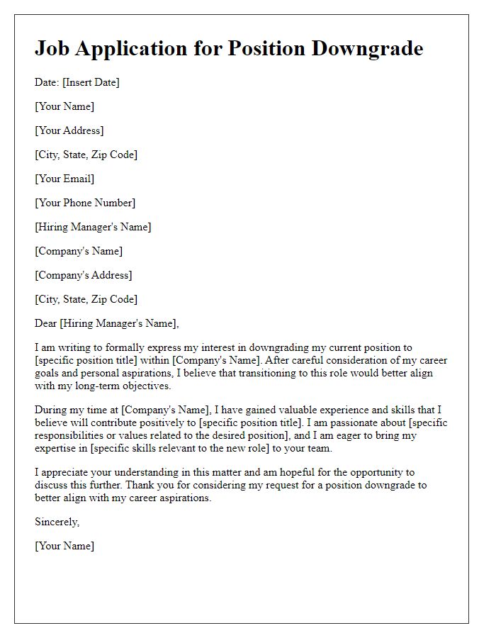 Letter template of job application for position downgrade to align with career goals.