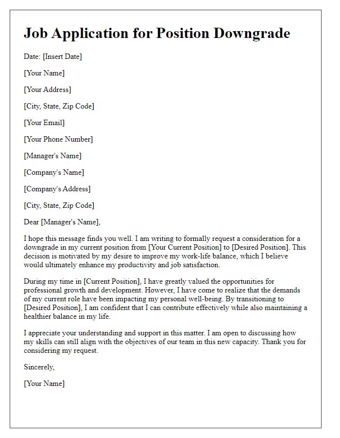Letter template of job application for position downgrade for better work-life balance.