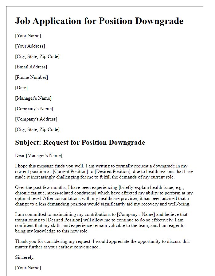 Letter template of job application for position downgrade for health reasons.