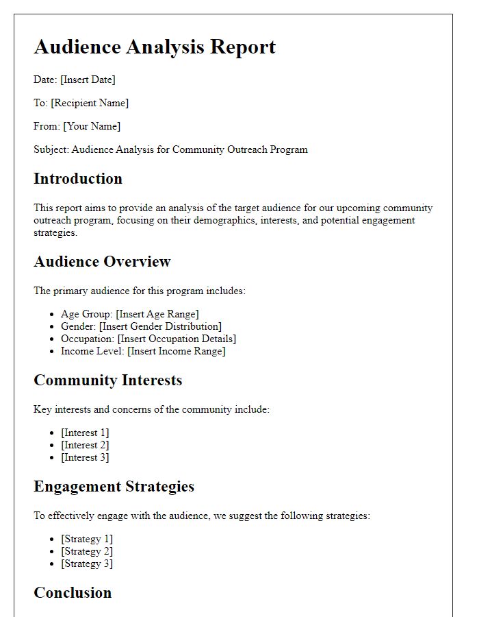 Letter template of audience analysis report for community outreach.