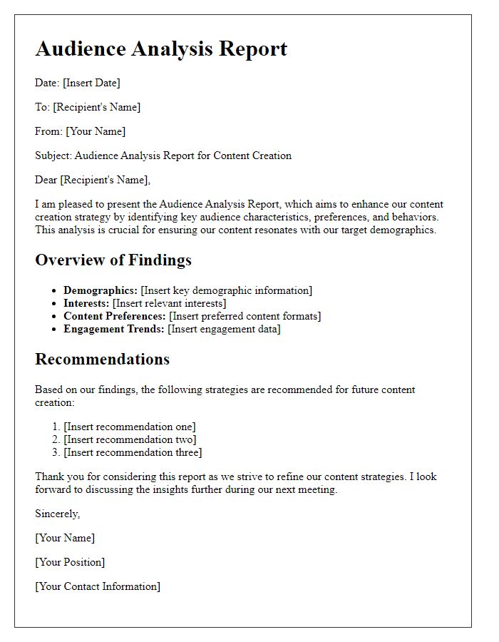 Letter template of audience analysis report for content creation.