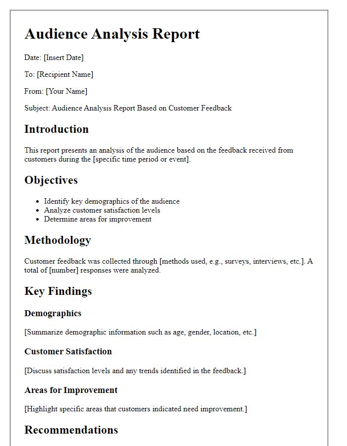 Letter template of audience analysis report for customer feedback.