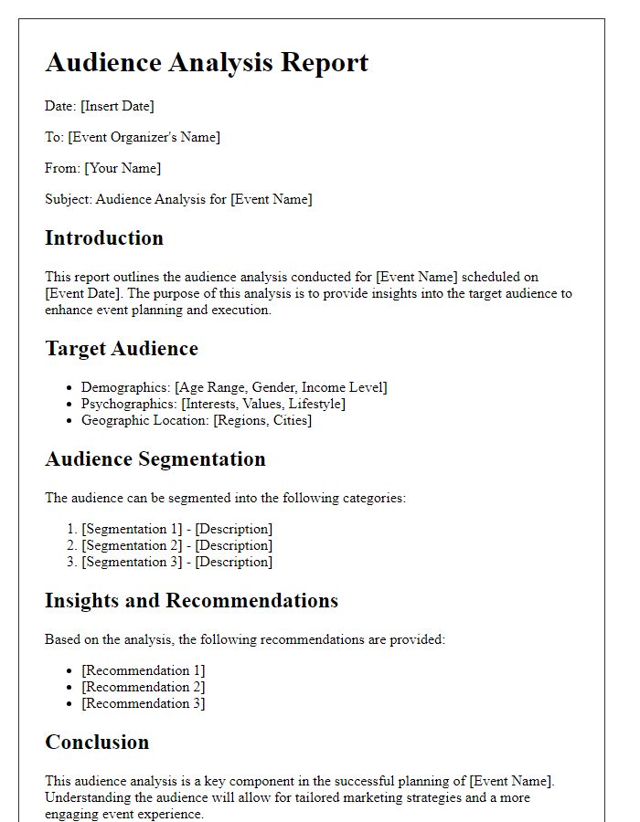 Letter template of audience analysis report for event planning.