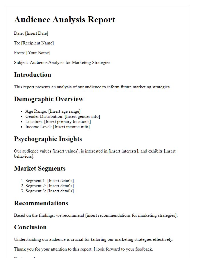 Letter template of audience analysis report for marketing strategies.