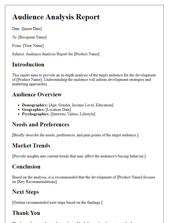 Letter template of audience analysis report for product development.