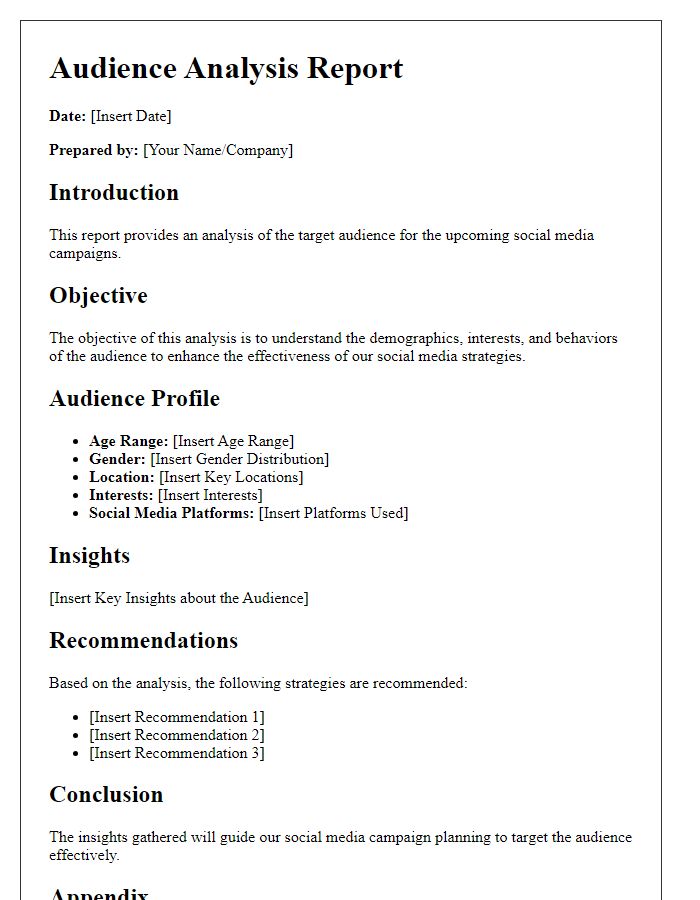 Letter template of audience analysis report for social media campaigns.