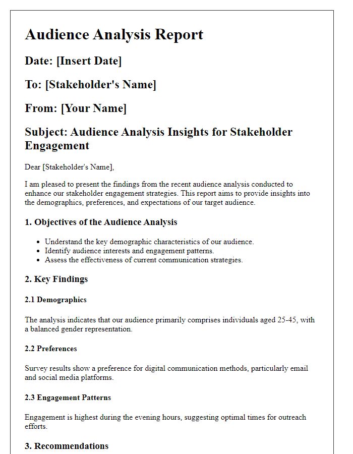 Letter template of audience analysis report for stakeholder engagement.