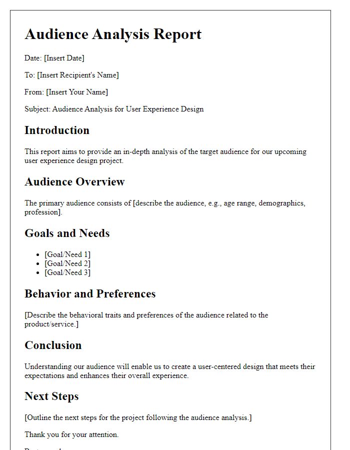 Letter template of audience analysis report for user experience design.