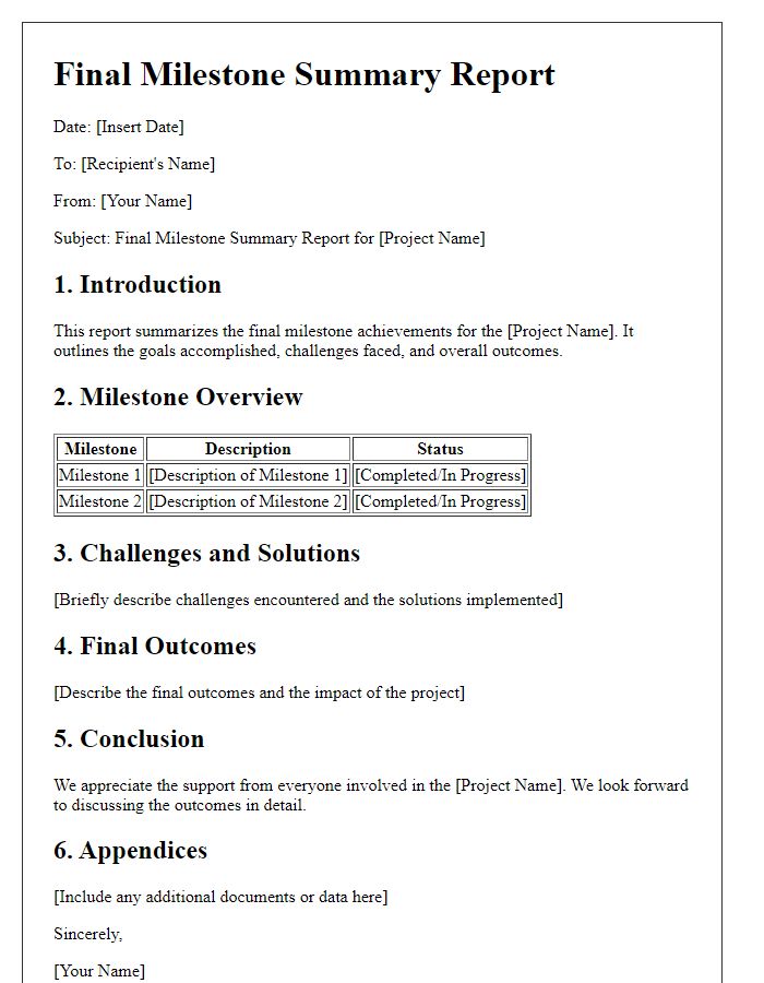 Letter template of Final Milestone Summary Report