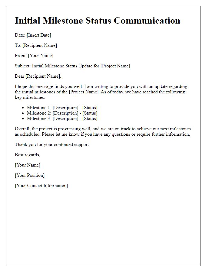 Letter template of Initial Milestone Status Communication