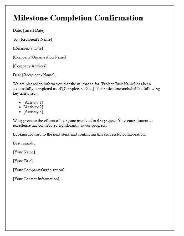 Letter template of Milestone Completion Confirmation